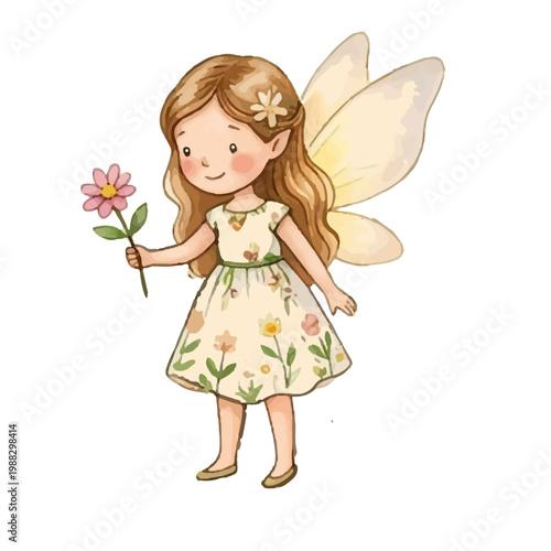 cute little fairy princess with pink wings holding a flower and flying in a magical fairytale world