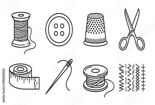 Tableau sur toile A collection of black and white line art depicting essential sewing and tailorin
