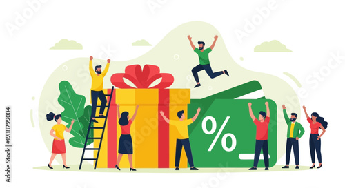 People Celebrating Big Discount and Gift Symbolizing Success and Joyful Achievements