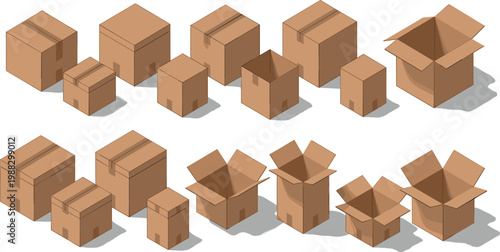 Assorted Cardboard Boxes in Various Sizes and States for Packaging, Shipping, and Storage Illustrations