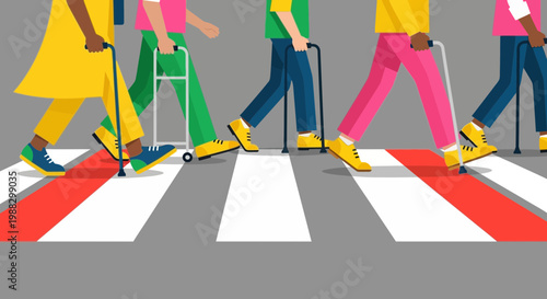 People Crossing Street In A Pedestrian Crosswalk, Colorful Illustration Of Community