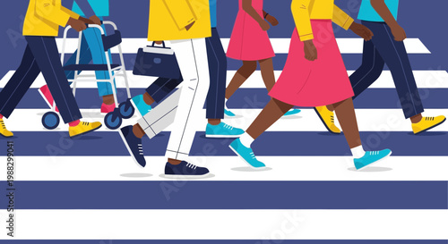 People Crossing Pedestrian Zone With Color Blocking Styles On Blue Crosswalk Background