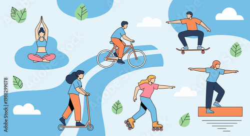 People Engaging In Different Activities Healthy Lifestyle Concepts in Cartoon Style