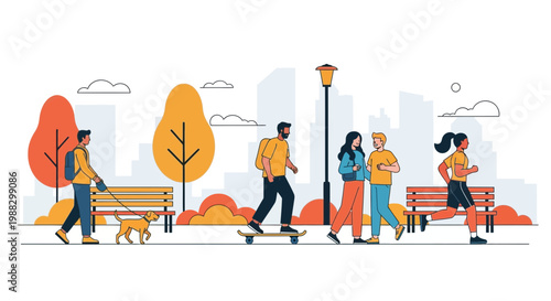 People Enjoy Recreational Activities Like Walking, Skating and Jogging in Urban Park