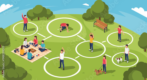 People Enjoying Leisure Activities While Maintaining Safe Distances in a Public Park