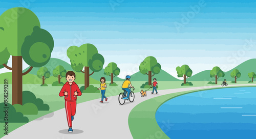People Enjoying Leisure Activities Outdoors with Running, Biking, Walking and Pets in Nature