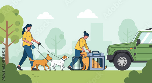 People Enjoying Leisure Activities with Their Dogs and Preparing to Travel Together