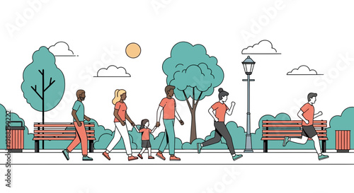 People Enjoying Leisure Time And Exercising In A Sunny Day Park Environment