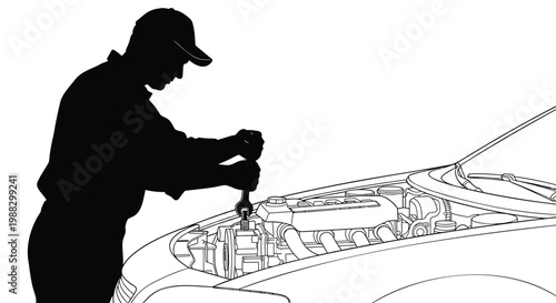 Mechanic repairing car engine, silhouette illustration, automotive maintenance, vehicle service