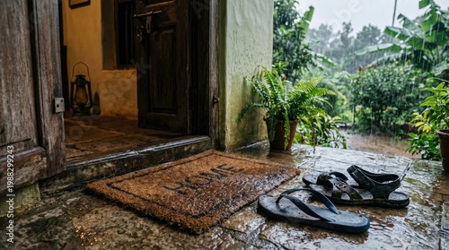 Cozy Entrance with Slippers on Rainy Day in Nature