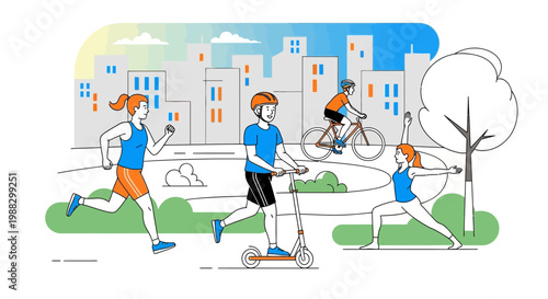 People Enjoying Outdoor Activities Depicts Leisure, Health, And Wellness In City Park