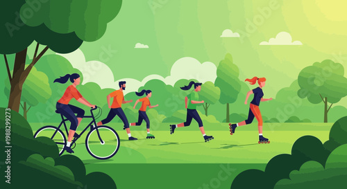 People Enjoying Outdoor Activities on a Sunny Day in a Park Environment