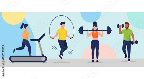 People Exercising For Fitness Showing Treadmill Rope Barbells And Dumbbells Illustrated Concept
