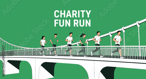 People Running Across a Bridge in a Fun Run Event for Charity on Bright Green Background