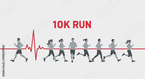 People Running In 10k Run With Heart Rate Monitor Graphic In Simple Style