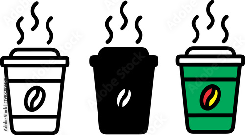Set of 3 Takeaway Coffee Cup Icons - Hot Beverage Symbols with Bean Logo in Outline Solid and Green Styles