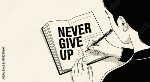 Person Writing Never Give Up Message in a Book Promoting Encouragement And Resilience