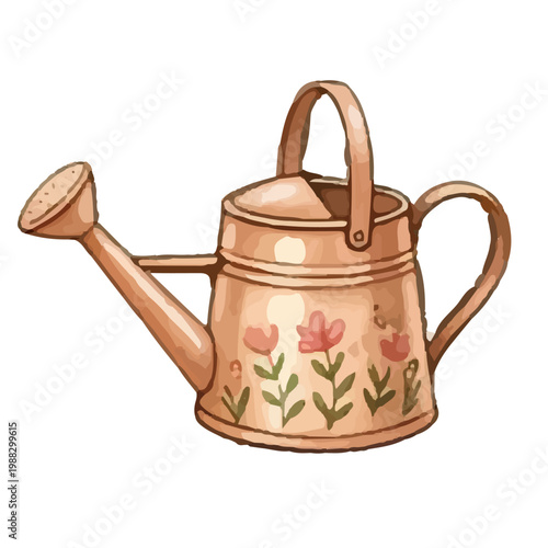 An old vintage metal watering can isolated on a white background resembling an antique kettle or teapot with a sturdy handle