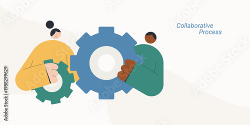 Flat business teamwork illustration showing people holding gears to represent collaborative process, workflow management, partnership and team problem solving element.