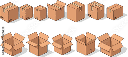 Various Cardboard Boxes in Different Sizes and States for Packaging, Shipping, and Storage Illustrations