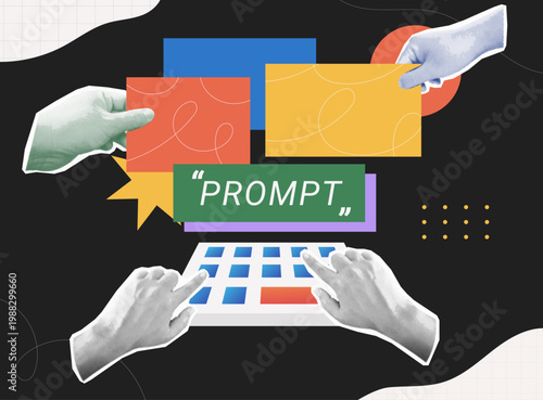 Trendy halftone collage of person hands typing on keyboard with prompt text label and colorful panels on dark background, flat design concept for ai prompt engineering, generative ai, and chatbot.