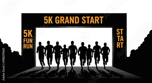 People Running Towards The Finish Line In A 5K Fun Run Underneath An Archway