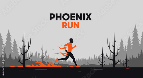 Phoenix Run Athlete Marathon With A Fiery Silhouette Over A Forested Backdrop