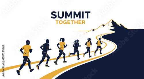 People Running Towards Adventure, Reaching a Summit, Achieving Goals, Working Together