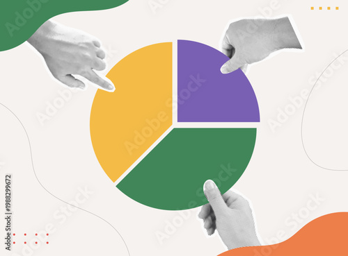 Trendy halftone collage of three person hands pointing at large colorful pie chart with yellow, purple, and green segments on light background, flat design concept for market share analysis