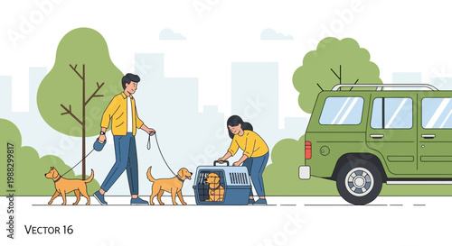 People Walk Dogs and Prepare to Travel in Car to Start a Trip or Adventure
