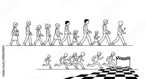 People Walking And Running Forward, Winning The Sport Race To The Finish Line