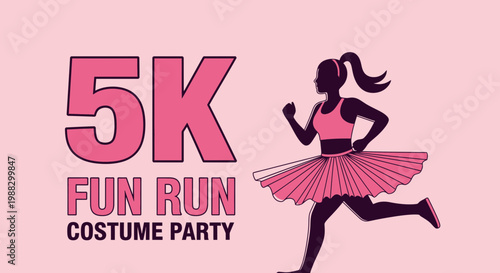 Pink 5K Fun Run with Silhouette of Dancer in Costume, Running Event Illustration