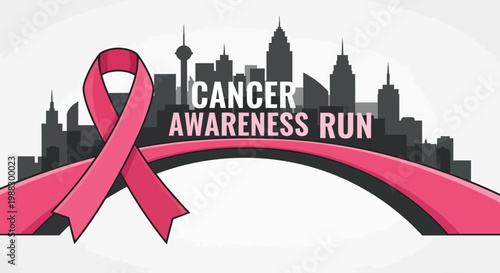 Pink Ribbon and City Silhouette: Cancer Awareness Run Illustration Concept