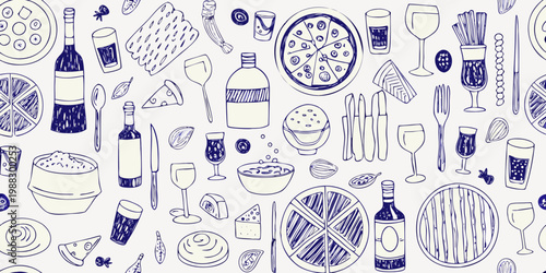Hand drawn illustration of various food and drink items in a repeating pattern