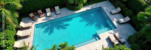 Geometric pool with integrated sunken seating, birds-eye view, view, vacation, perspective