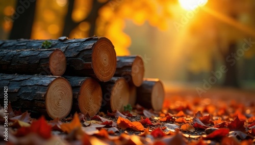 Golden hour sunlight bathes stacked logs nestled amongst fiery autumn leaves , logs, background