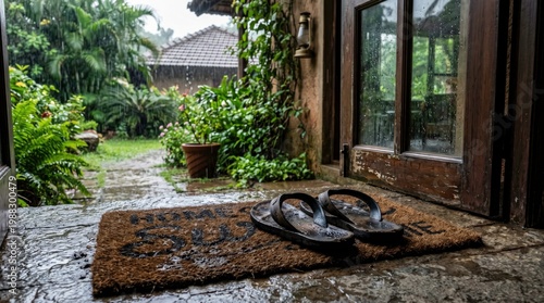 Rainy Day Entrance with Flip Flops and Lush Greenery