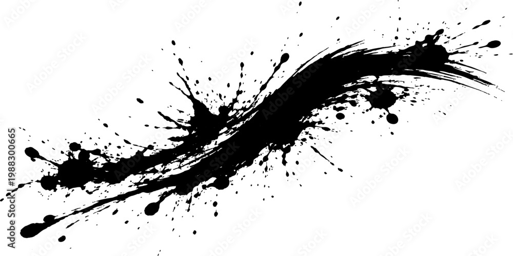 Obraz premium Abstract black ink splash background with dynamic paint splatter, curved brush stroke and grunge texture isolated on white