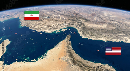 Strait of Hormuz, with the USA and Iranian flag