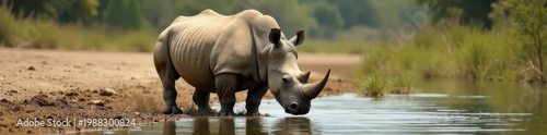 Massive white rhino, mud caked, drinking water, white rhino, waterhole, africa