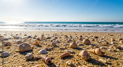 Sunny beach with numerous unique seashells scattered across the warm golden sand, leading to the tranquil blue ocean under a clear sky, perfect for a summer day