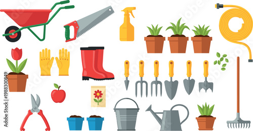 Gardening Tools, Plants, and Supplies Including Wheelbarrow, Gloves, Watering Can, and Flower Pots for Gardening and Outdoor Activities Illustrations
