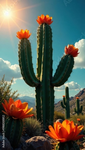 Massive prickly pear cactus with bright orange blossoms under intense sun , texture, arid