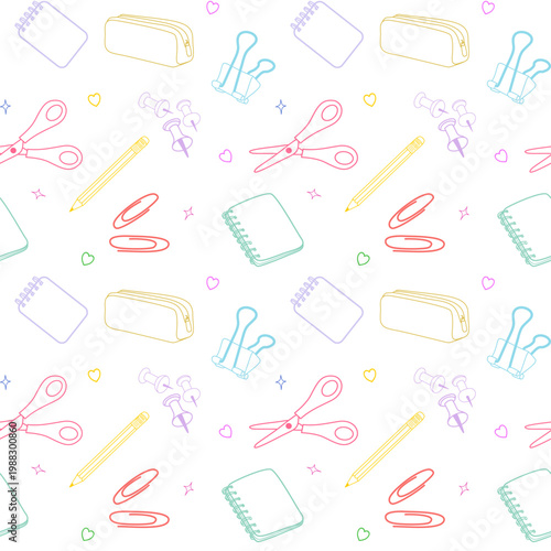 Cute Pastel Stationery Seamless Pattern with School Supplies Outline
