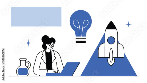 Innovation Startup Concept with Entrepreneur Working on Laptop with Rocket Launch and Creative Idea Lightbulb abstract concept vector illustrations, black and blue vector art