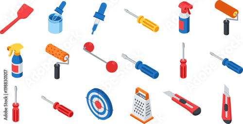 Home Tools Set with Paint Rollers, Screwdrivers, Spray Bottles, Grater, and Utility Knife in Flat Vector Style
