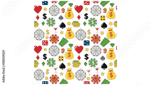 A seamless pattern featuring gambling icons such as money, dice and card suits.