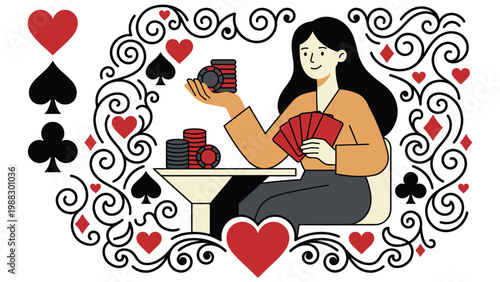 A woman holding cards and chips in a casino surrounded by decorative card suits.