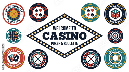 Casino gambling collection with welcome sign roulette wheels poker chips and lucky dice set.