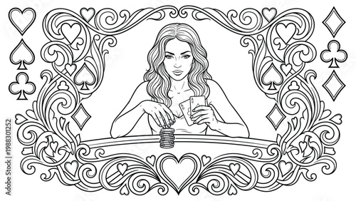 Beautiful woman dealer holding playing cards at poker table with decorative floral framing.